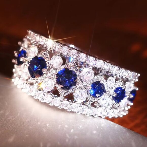 NEW 18k White Gold Blue Sapphire Diamond Ring Band - Picture 3 of 6